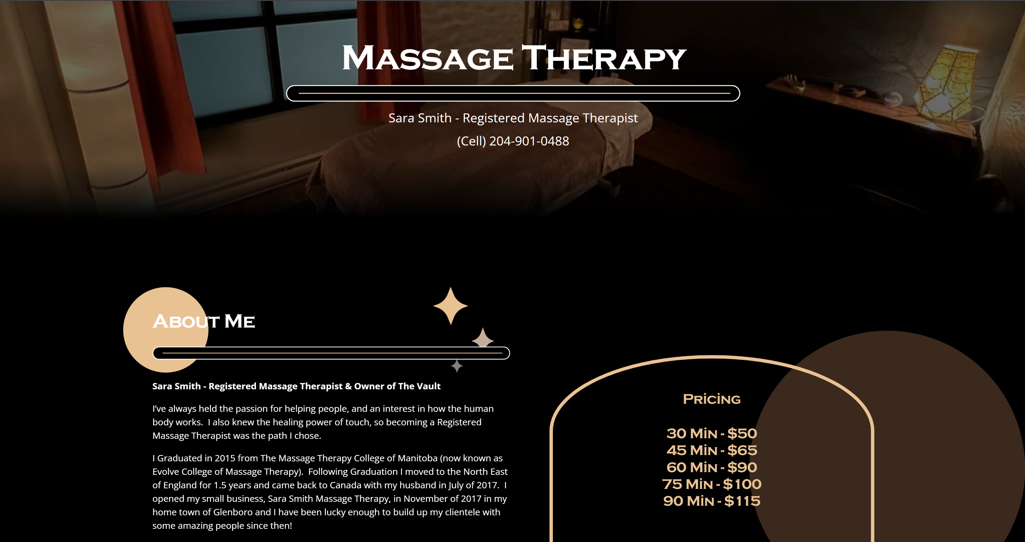 A screenshot of the Massage Therapy page, showing it's description and a list of services and their prices.
