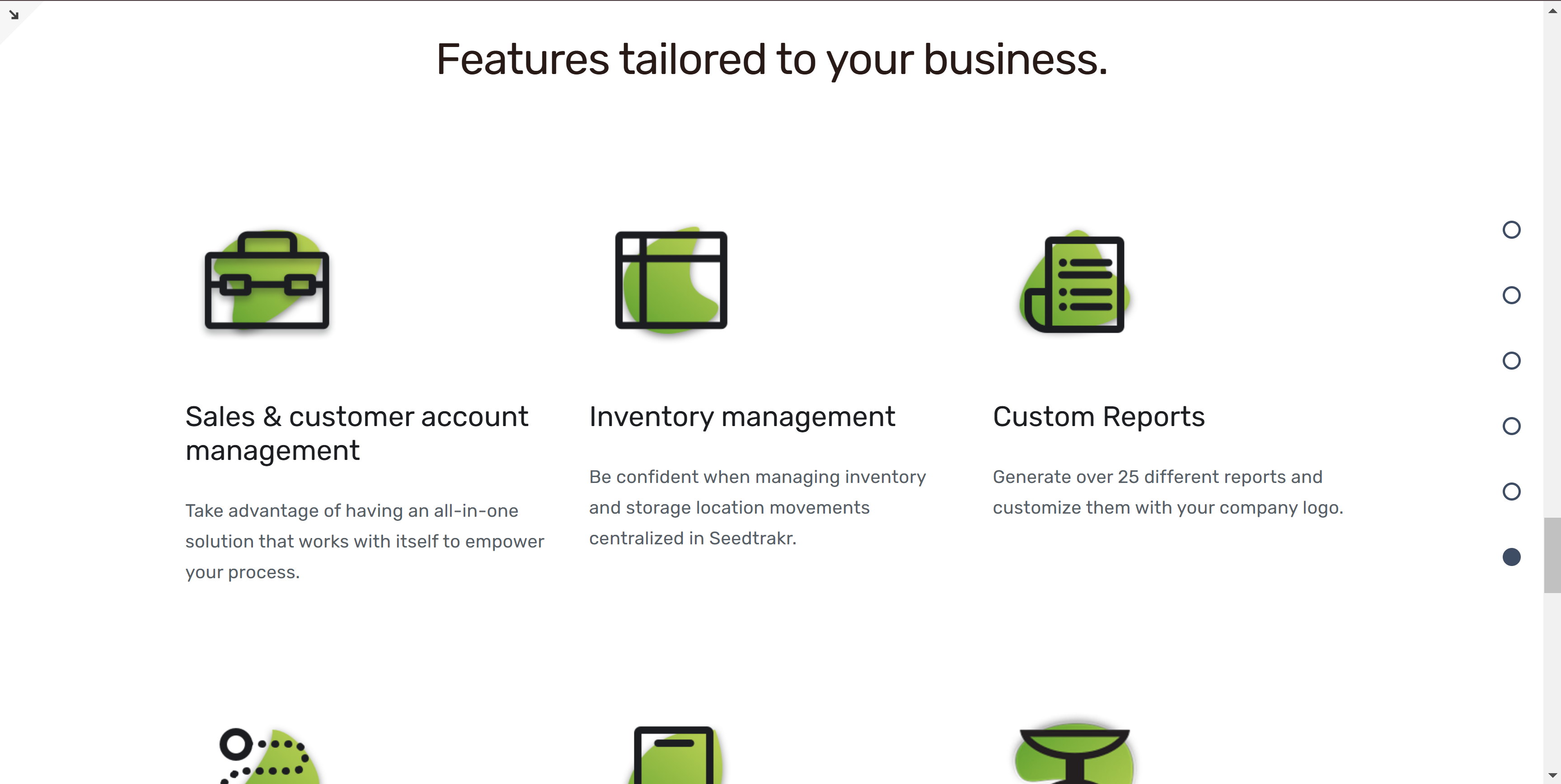 A screenshot of the old seedtrakr homepage before it underwent the redesign. This image shows the old features section.